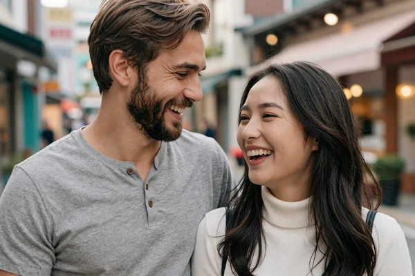 Happy Canadian-Korean couple sharing a laugh overcoming language differences in international relationship