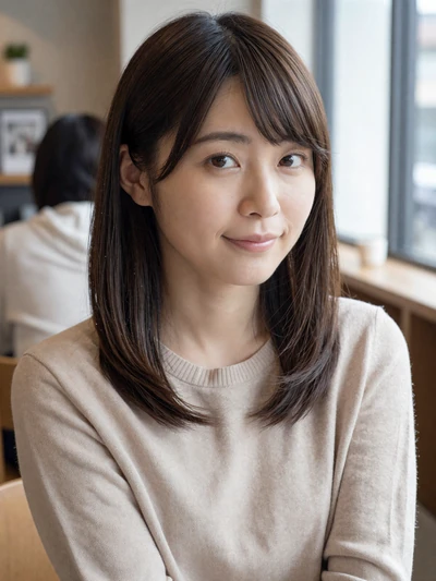 Japanese woman Hana from Tokyo with warm smile in cozy cafe setting for dating profile