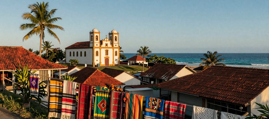 East Timor landscape featuring Portuguese colonial church and colorful tais textiles in tropical setting