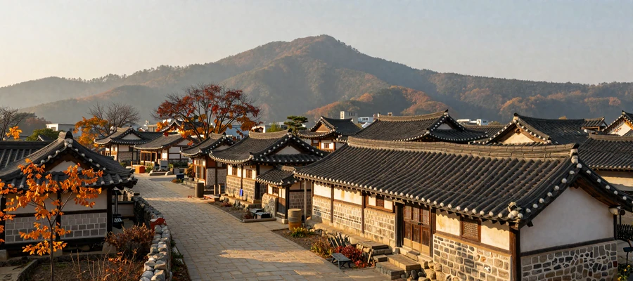 Traditional Korean village with hanok houses surrounded by autumn foliage and mountain scenery