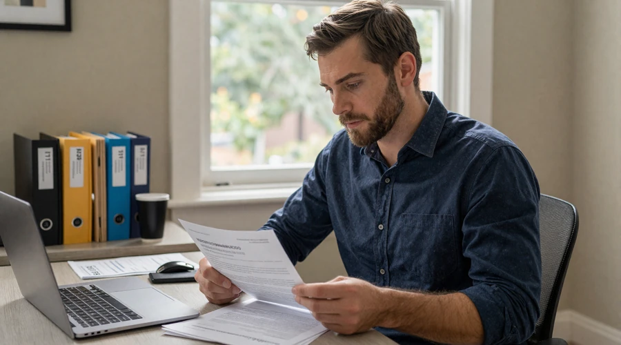 American man reviewing K-1 fiancé visa immigration documents and I-129F petition forms at home office