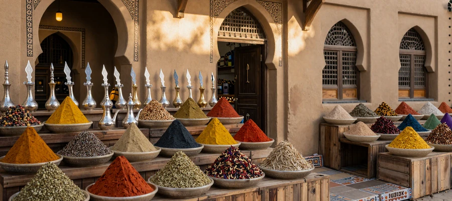 Colorful Yemeni cultural marketplace with traditional spices coffee pots and Arabian crafts