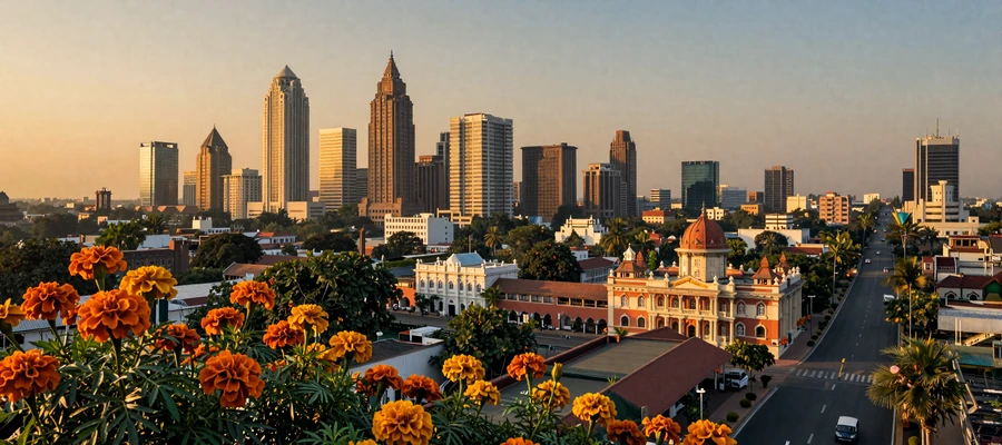 Panoramic view of Indian cityscape at golden hour showing the blend of modern and traditional architecture