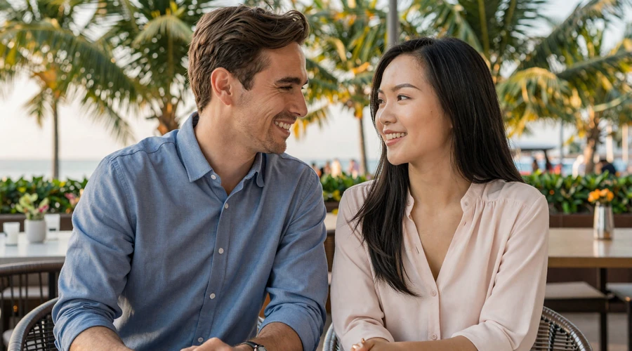 Happy international couple Mike and Linh sharing a moment at an outdoor cafe in Vietnam - international dating success story