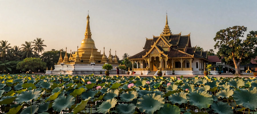 Beautiful Cambodian Buddhist temple with golden spires and lotus pond reflecting Khmer spiritual heritage