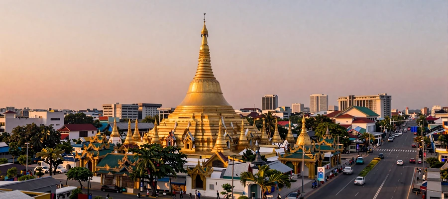 Yangon cityscape at golden hour featuring the famous Shwedagon Pagoda and modern Myanmar city life