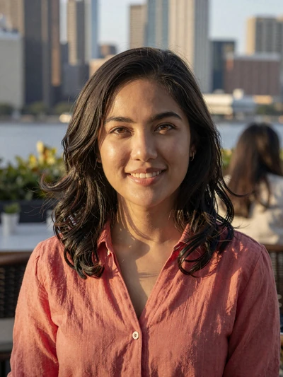 Filipino woman Celine from Manila smiling at an outdoor restaurant open to cross-cultural dating