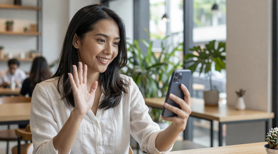Filipino woman in Manila cafe during video verification call on dating platform showing genuine identity
