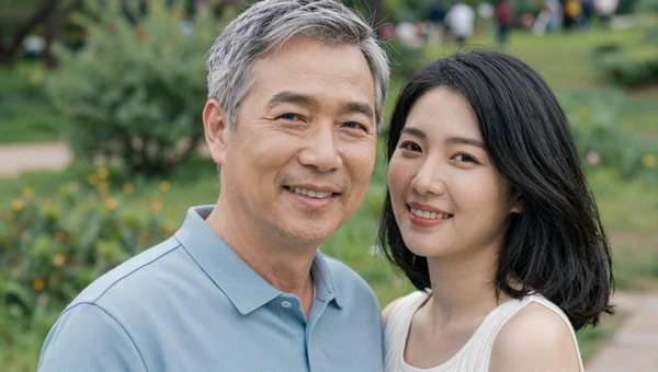 American man age 52 with Korean wife age 35 standing together in Seoul park