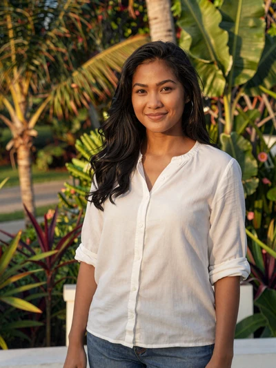 Filipina woman Arisa from Manila standing in tropical garden looking for genuine connection