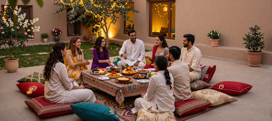 Traditional Pakistani courtyard set for family gathering representing Pakistani hospitality culture