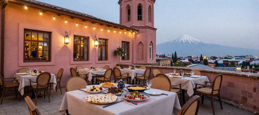 Romantic Armenian cafe terrace in Yerevan with traditional cuisine and Mount Ararat view