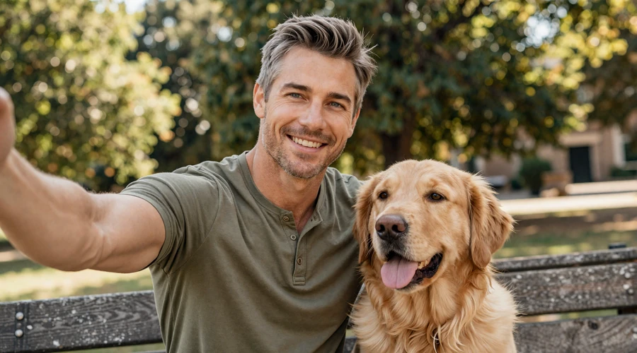 Man taking a profile photo with his dog on a park bench demonstrating best dating profile photo tips
