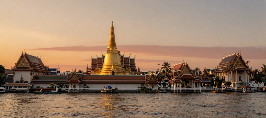 Golden Buddhist temple along the Chao Phraya River in Bangkok at sunset showcasing Thai cultural heritage