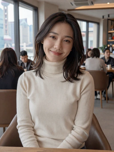 Chinese woman Wei from Shanghai in modern cafe setting open to international dating