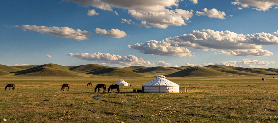 Traditional Mongolian ger on the vast green steppe with horses grazing under a dramatic blue sky