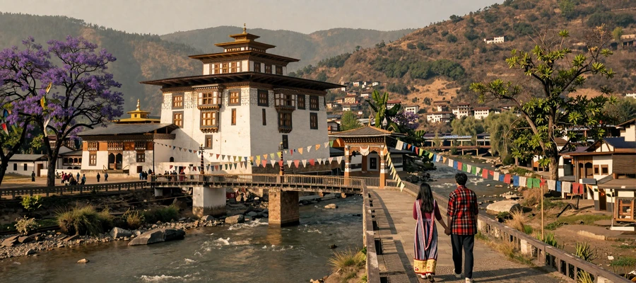 Punakha Dzong fortress monastery in Bhutan surrounded by Himalayan valley representing Bhutanese cultural heritage