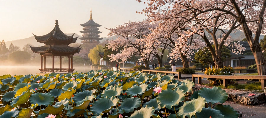 Traditional Chinese garden with pagoda and lotus pond representing the beauty of Chinese culture and dating heritage