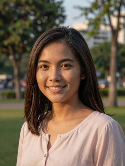 Thai woman Narin from Bangkok smiling warmly in a park setting ready for dating