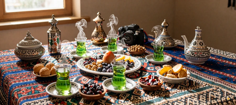 Traditional Tajik tea ceremony with Persian ceramics and colorful suzani textiles
