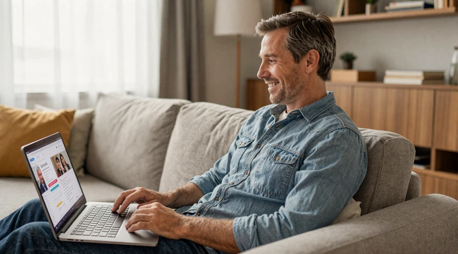 Mature American man browsing Asian dating profiles on laptop in comfortable home setting