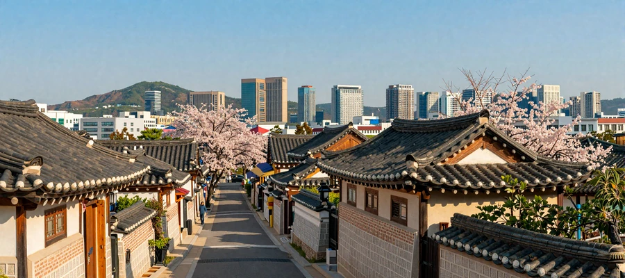Scenic view of Bukchon Hanok Village Seoul blending traditional Korean architecture with modern cityscape