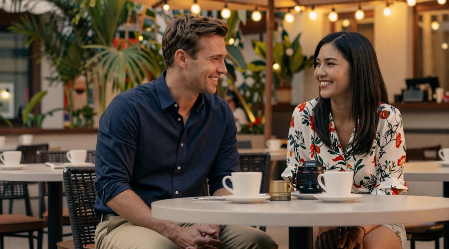 American man on a first date with a Thai woman at an outdoor cafe with warm evening lighting