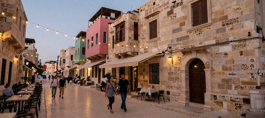 Colorful Rainbow Street in Amman Jordan at dusk with cafes and warm string lights
