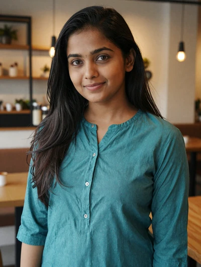 Indian woman Ananya from Mumbai in a modern cafe looking for a meaningful relationship