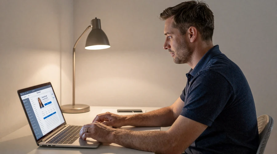American man carefully reviewing dating profiles on laptop to avoid romance scams on Asian dating site