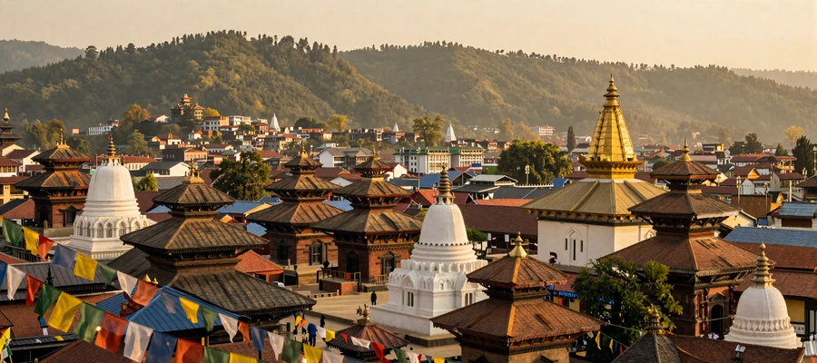 Scenic Kathmandu valley at golden hour showing temples and Himalayan hills representing Nepali dating culture