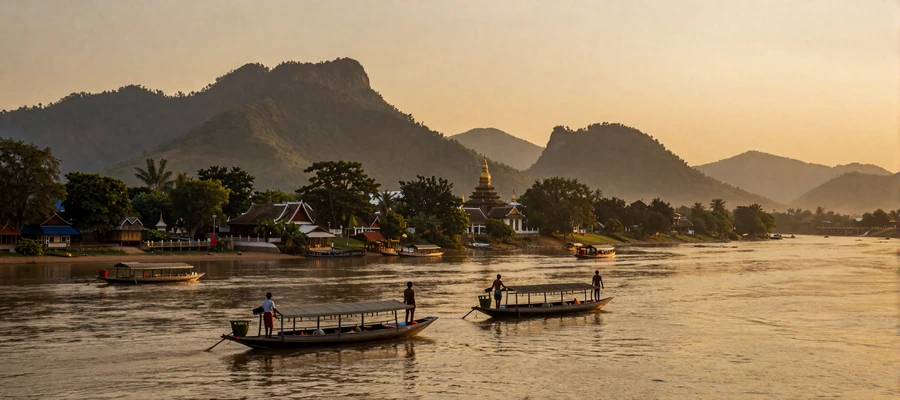 Scenic Mekong River sunrise in Luang Prabang Laos with traditional boats and Buddhist temples
