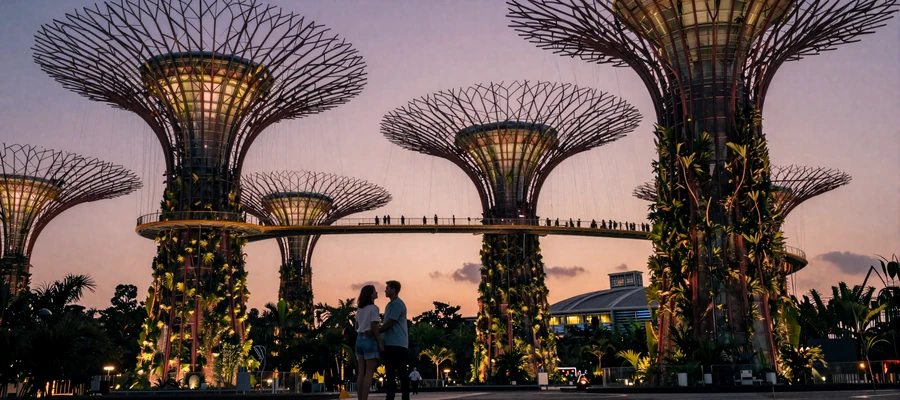 Gardens by the Bay Singapore Supertree Grove at twilight with warm romantic atmosphere