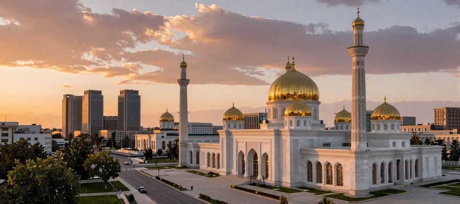 Ashgabat Turkmenistan white marble cityscape at golden hour showcasing modern architecture
