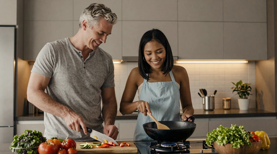 American man and Asian woman cooking together in a modern kitchen during cross-cultural date