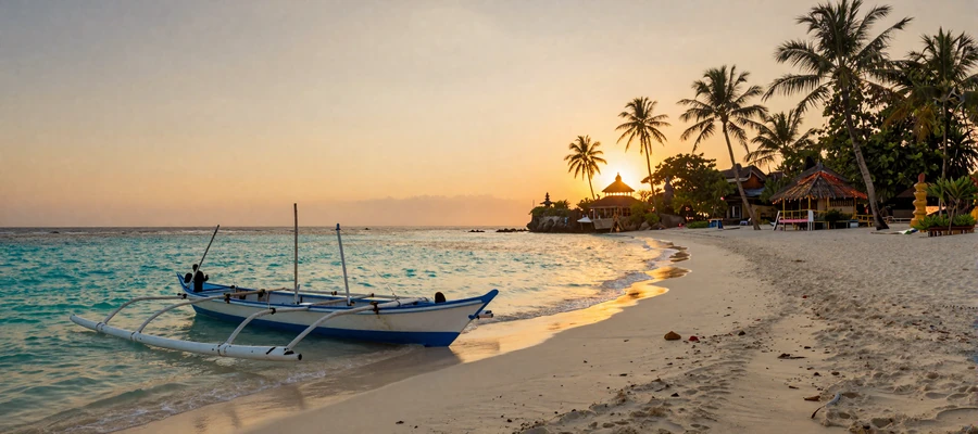 Scenic Indonesian tropical beach at sunset representing the romantic beauty of Indonesia's islands