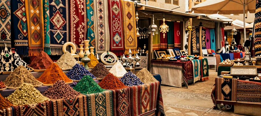 Colorful Afghan cultural market showcasing traditional crafts and vibrant textiles