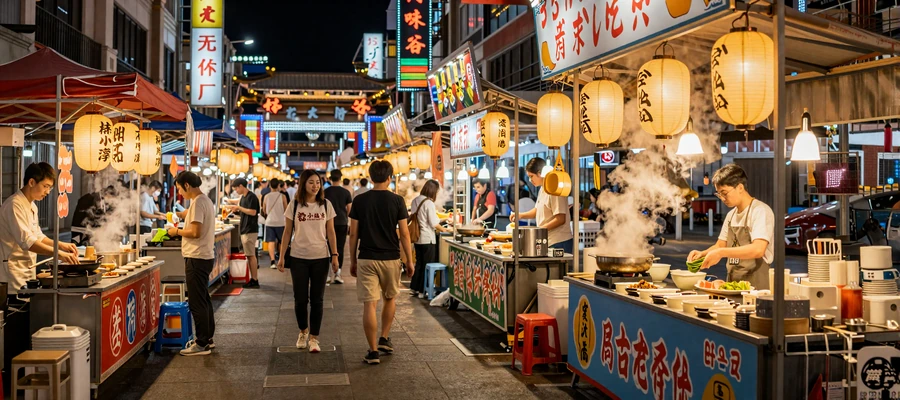 Colorful Taiwan night market with warm lantern lighting and food stalls perfect for dating